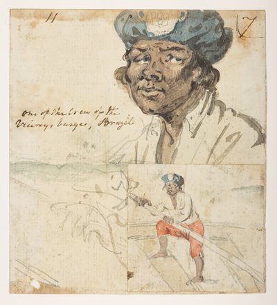 Ein Mitglied der Besatzung der Barke des Vizekönigs, Brasilien, aus einem Album mit 372 Zeichnungen von Landschaften, Küstenlinien, Kostümen und Alltagsleben, erstellt während der Botschaft von Lord Macartney an den Kaiser von China, zwischen 1792 und 1794 von William Alexander