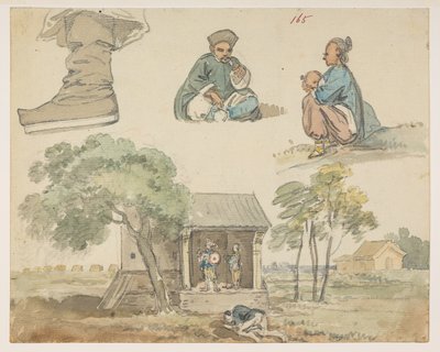 Figurenstudien und Schrein, aus einem Album von 372 Zeichnungen von Landschaften, Küstenlinien, Kostümen und Alltagsleben während der Botschaft von Lord Macartney an den Kaiser von China, zwischen 1792 und 1794 von William Alexander