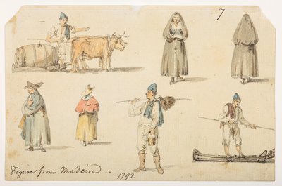 Figuren aus Madeira, 1792, aus einem Album von 372 Zeichnungen von Landschaften, Küstenlinien, Kostümen und Alltagsleben während der Lord Macartney-Botschaft an den Kaiser von China, zwischen 1792 und 1794 von William Alexander