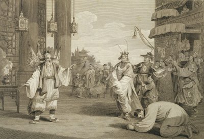Eine Szene in einem historischen Stück auf der chinesischen Bühne, graviert von James Heath, veröffentlicht von G. Nicol, 1796 von William Alexander