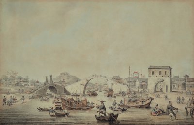 Chinesische Lastkähne der Botschaft, die sich darauf vorbereiten, unter einer Brücke hindurchzufahren von William Alexander
