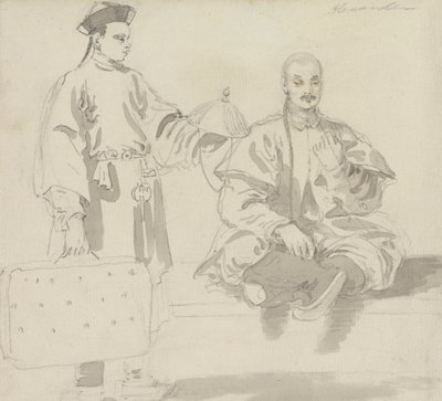Zwei chinesische Figuren: Ein Hutverkäufer und ein Mann, der im Schneidersitz eine Pfeife raucht von William Alexander