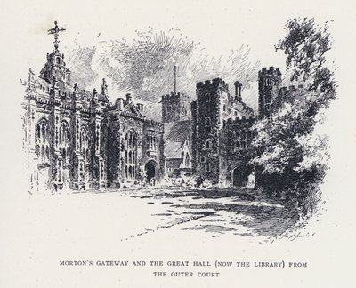 Mortons Tor und die Große Halle (jetzt die Bibliothek) vom äußeren Hof (Stich) von William Alexander Ansted