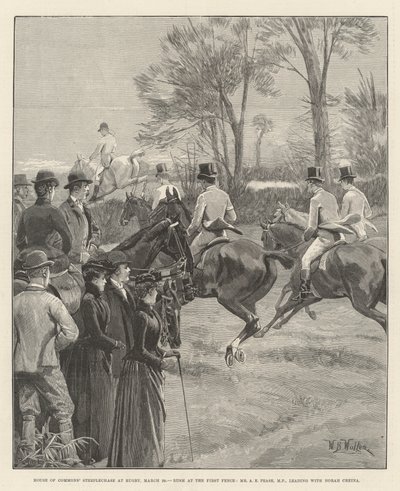 Steeplechase des Unterhauses in Rugby, 29. März, Ansturm am ersten Zaun, Mr. A. E. Pease, MP, führt mit Norah Creina von William Barnes Wollen