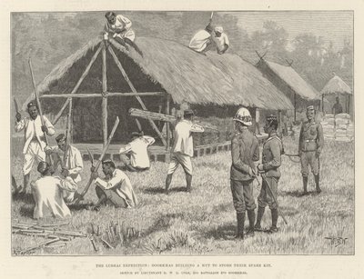 Die Lushai-Expedition, Goorkhas bauen eine Hütte, um ihre Ersatz-Ausrüstung zu lagern von William Barnes Wollen
