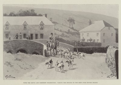 Mit den Devon und Somerset Staghounds, die Hunde zum Treffen über die Exford-Brücke bringen von William Barnes Wollen