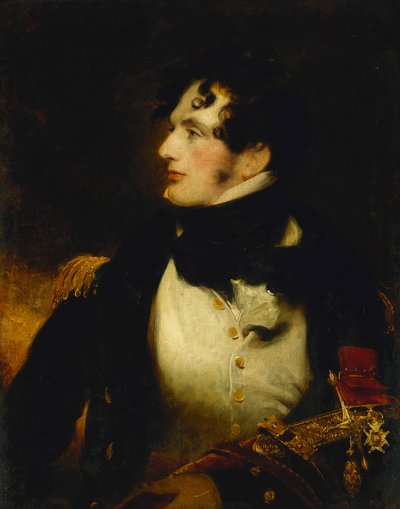 Porträt eines Marineoffiziers, Halbfigur, in Uniform, mit einem Präsentationsschwert und dem Abzeichen eines C.B. von William Beechey