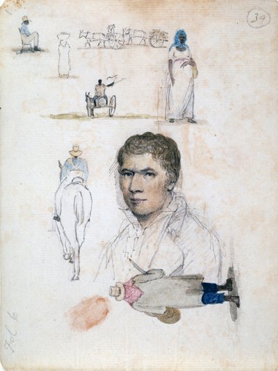 Acht kleine Zeichnungen, darunter Porträts, Figurenstudien, Karren, von Künstler William Berryman von William Berryman