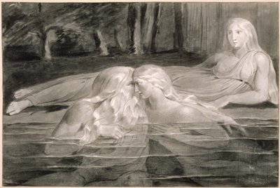Har und Heva beim Baden, Mnetha schaut zu, ca. 1785-89 (Pinsel, Tinte und Waschung auf Papier) von William Blake