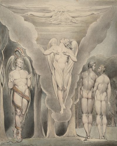 Illustration 4 zu Miltons "Das verlorene Paradies": Satan spioniert Adam und Eva aus und Raphaels Abstieg ins Paradies von William Blake