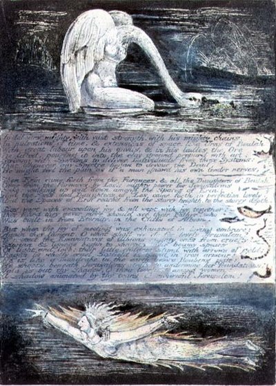 Tafel II, Jerusalem, ca. 1804-20. Die Töchter von Albion dargestellt durch schwanenartige und fischartige Kreaturen von William Blake