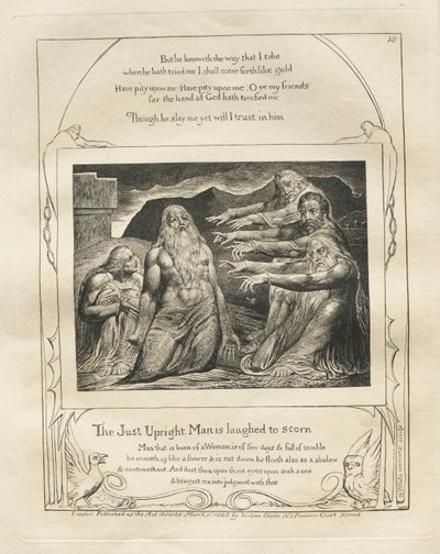 Das Buch Hiob: Pl. 10, Der gerechte aufrechte Mann wird verspottet von William Blake