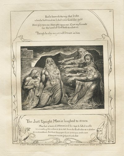 Das Buch Hiob: Pl. 10, Der gerechte aufrechte Mann wird verspottet von William Blake