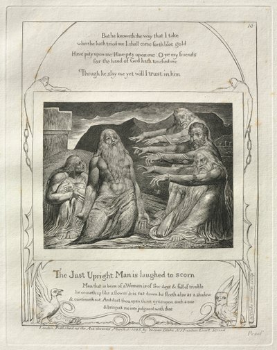 Das Buch Hiob: Pl. 10, Der gerechte aufrechte Mann wird verspottet von William Blake