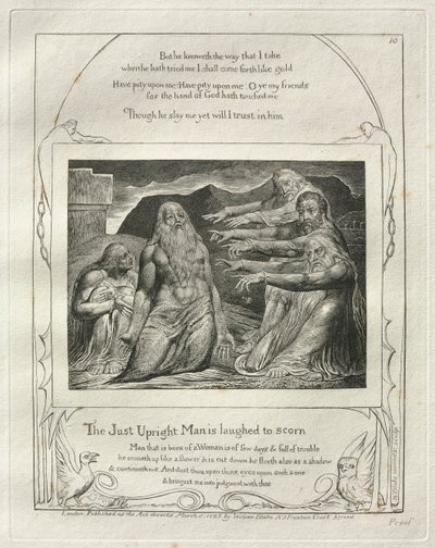 Das Buch Hiob: Tafel 10, Der gerechte aufrechte Mann wird verspottet, 1825 von William Blake