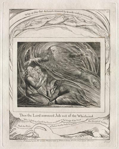 Das Buch Hiob: Pl. 13, Dann antwortete der Herr Hiob aus dem Wirbelsturm von William Blake