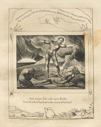Das Buch Hiob: Pl. 6, Und schlug Hiob mit bösen Geschwüren von der Fußsohle bis zum Scheitel... von William Blake