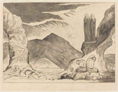 Der Kreis der Fälscher; Dante und Virgil halten sich wegen des Gestanks die Nasen zu von William Blake
