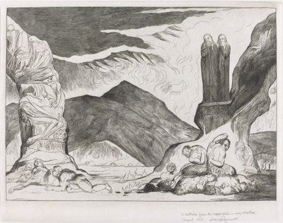 Der Kreis der Fälscher; Dante und Virgil halten sich wegen des Gestanks die Nasen zu von William Blake