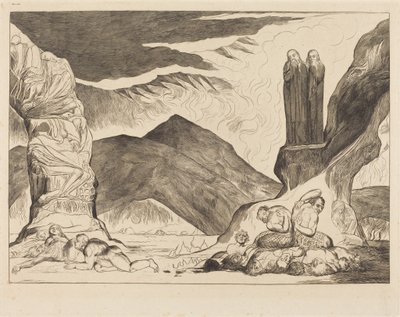 Der Kreis der Fälscher: Dante und Virgil halten sich die Nase zu wegen des Gestanks von William Blake