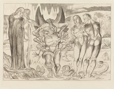 Der Kreis der Diebe; Agnolo Brunelleschi wird von einer sechsfingrigen Schlange angegriffen von William Blake