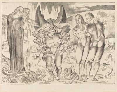 Der Kreis der Diebe; Agnolo Brunelleschi wird von einer sechsfingrigen Schlange angegriffen von William Blake
