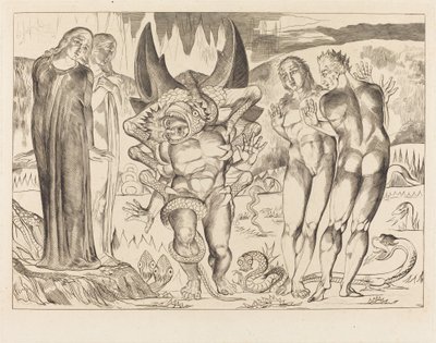 Der Kreis der Diebe; Agnolo Brunelleschi wird von einer sechsfingrigen Schlange angegriffen von William Blake