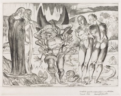 Der Kreis der Diebe, Agnolo Brunelleschi wird von einer sechsfüßigen Schlange angegriffen von William Blake