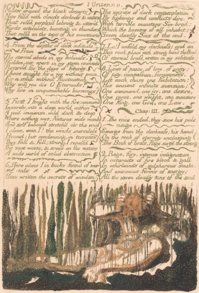 Das Erste Buch Urizen, Tafel 4, "Versammelt euch um die öden Wüsten . . . ." (Bentley 4) von William Blake