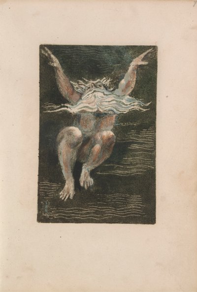 Das erste Buch Urizen, Tafel 7 (Ein nackter Mann mit einem schwebenden weißen Bart, der scheint, als würde er in tiefem Wasser aufsteigen) 1794 von William Blake