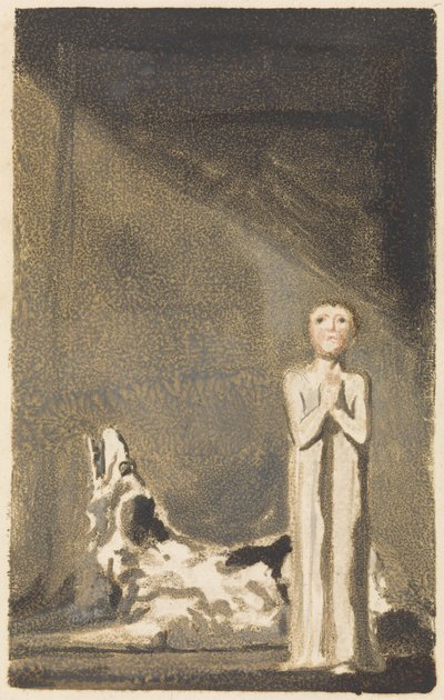 Das erste Buch Urizen, Tafel 24, Ein Junge in einem langen Kleid, der mit gefalteten Händen rechts von einem Hund steht von William Blake