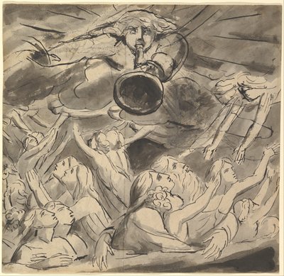Die letzte Posaune (Recto); zwei Studien eines rechten Auges, das Profil eines jungen Mannes mit offenem Mund, der Kopf eines Adlers und der Kopf eines Löwen (Verso) von William Blake
