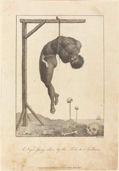 Ein lebendig an den Rippen aufgehängter Neger an einem Galgen von William Blake after John Gabriel Stedman