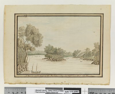 Gegenüber S. 120. `Ein Blick in den oberen Teil von Port Jackson; als der Fisch geschossen wurde.