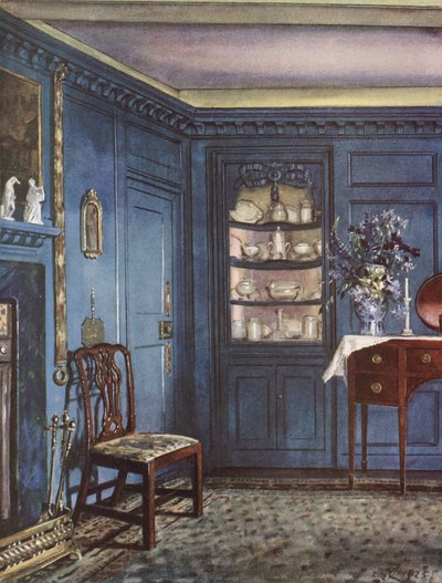 Inneneinrichtung: Ein Speisezimmer mit getupften blauen Wänden von William Bruce Ellis Ranken
