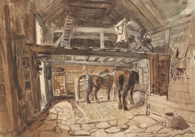 Innenansicht eines Stalls, mit zwei Pferden beim Fressen von William Burgess