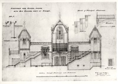 Details der Eingänge, Treppen, Ofenkammer-Tür und Handläufe, (New Big School), Rugby School, 1844 von William Butterfield