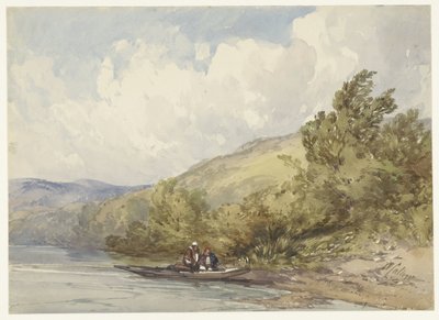 Hügellandschaft mit einem See und einem Boot mit zwei Figuren von William Callow