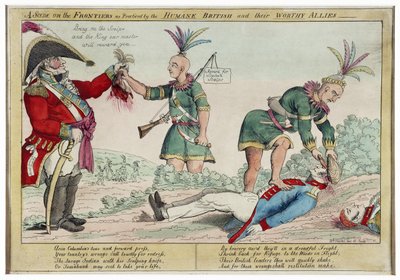 Eine Szene an den Grenzen, wie sie von den humanen Briten und ihren würdigen Verbündeten praktiziert wird, veröffentlicht 1812 von William Charles