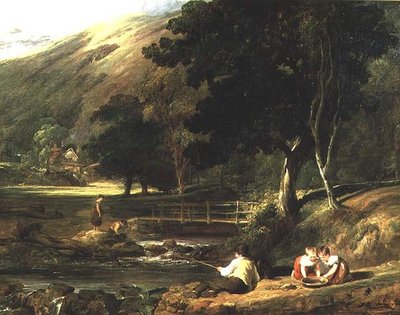Borrowdale, Cumberland, mit spielenden Kindern am Bach von William Collins
