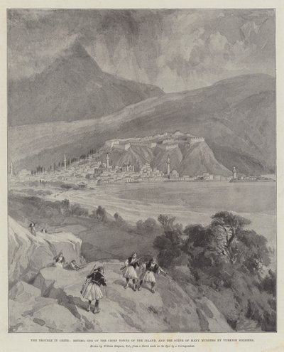Die Unruhen auf Kreta, Retimo, eine der Hauptstädte der Insel und Schauplatz vieler Morde durch türkische Soldaten von William Crimea Simpson