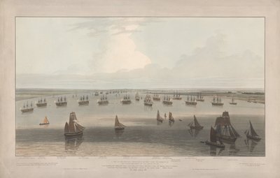 Ansicht der in der Hope stationierten Fregatten unter dem Kommando der älteren Brüder des Trinity House, Themsemündung von William Daniell
