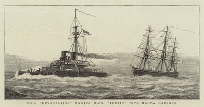 HMS Devastation schleppt HMS Thetis in den Hafen von Malta von William Edward Atkins