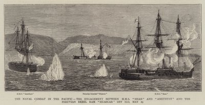 Das Seeschlacht im Pazifik, das Gefecht zwischen HMS Shah und Amethyst und dem peruanischen Rebellen-Ram Huascar vor Ilo, 29. Mai von William Edward Atkins