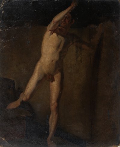 Stehender männlicher Akt, erhobener rechter Arm, rechter Fuß auf Blöcken ruhend von William Etty