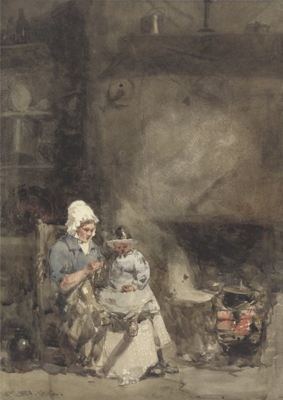 Eine Frau und ein Kind am Herd, 1842 von William Evans