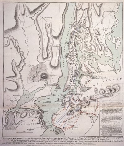 Plan der Insel New York mit einem Teil von Long Island, Staten Island und Ost-New Jersey und dem Gefecht auf den bewaldeten Höhen von Long Island zwischen den britischen Streitkräften unter dem Kommando von General Sir William Howe von William Faden