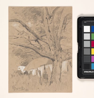 Landschaft mit Staffelei und Regenschirm von William Forsyth