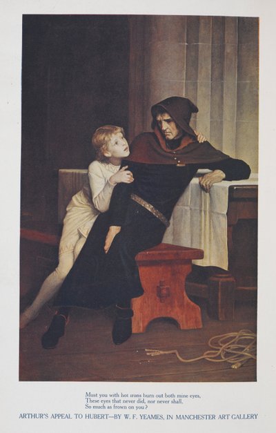 Arthurs Appell an Hubert - von W.F. Yeames, in der Manchester Kunstgalerie. Der junge Prinz Arthur von England und sein Gefängniswärter Hubert in seinem Gefängnis in Rouen, Frankreich. von William Frederick Yeames