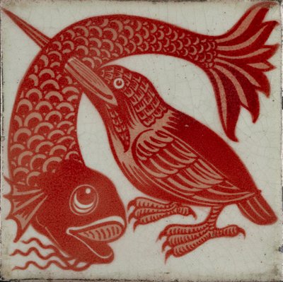 Fliese mit Eisvogel mit Schnabel durch Fisch, 1882-1888 von William Frend De Morgan